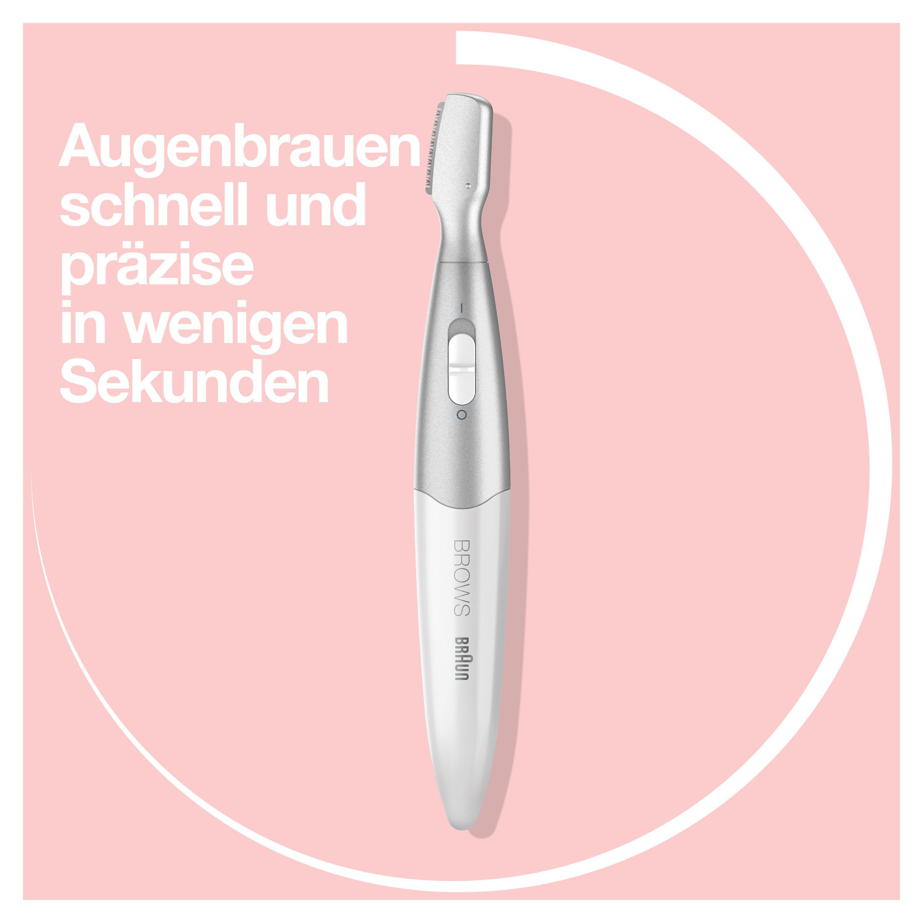 Augenbrauentrimmer auf pinkem Hintergrund, weiß-graues Farbschema.