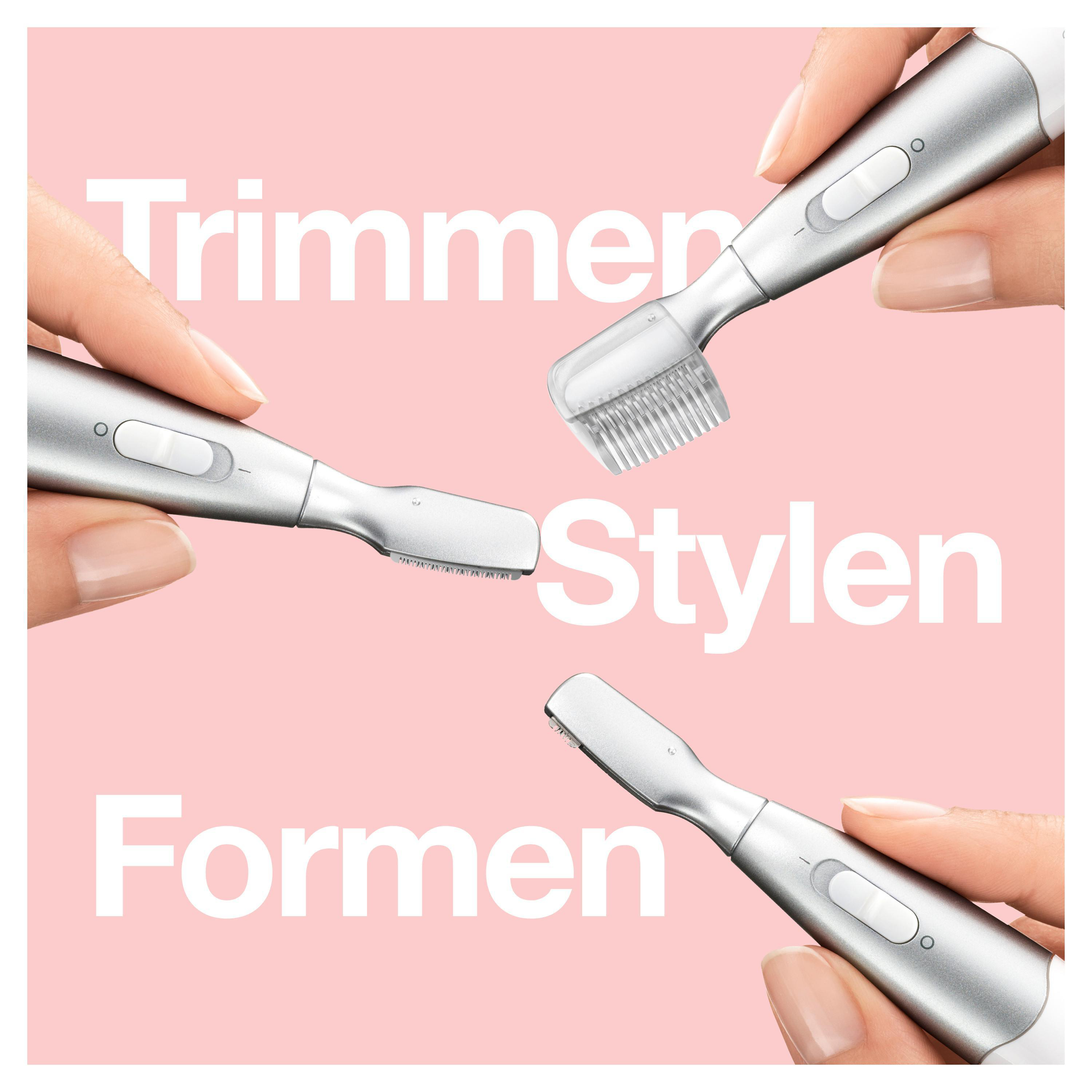 Drei silberne Trimmer mit Text auf pinkem Hintergrund.