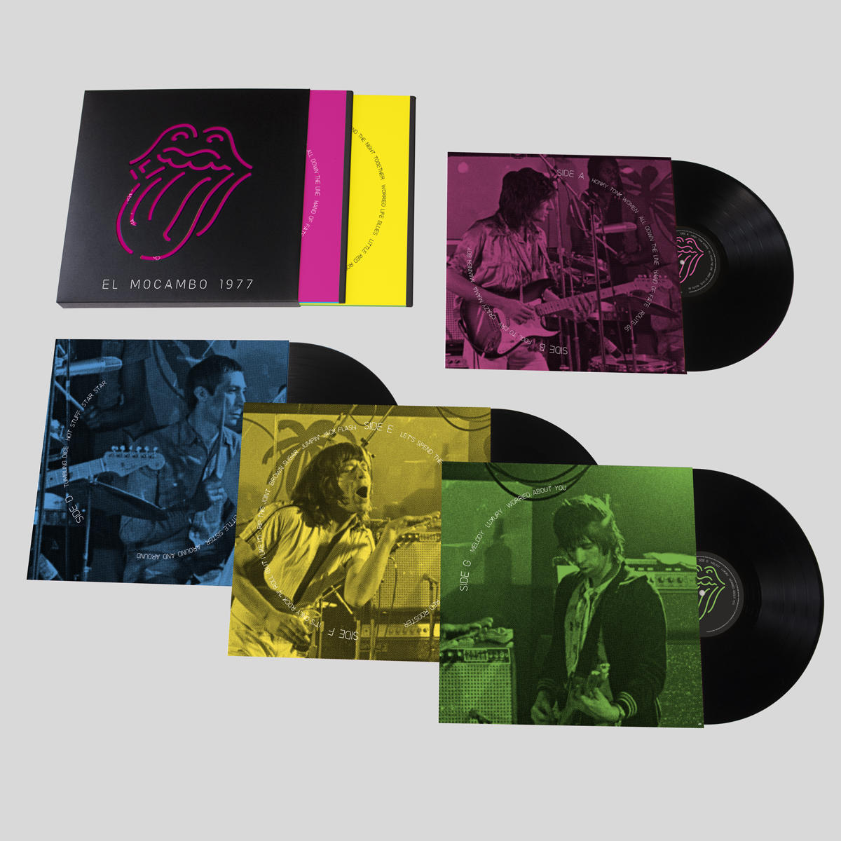 Vinyl-Schallplattenalbum: The Rolling Stones, El Mocambo 1977, mit Albumcover und Schallplatten.