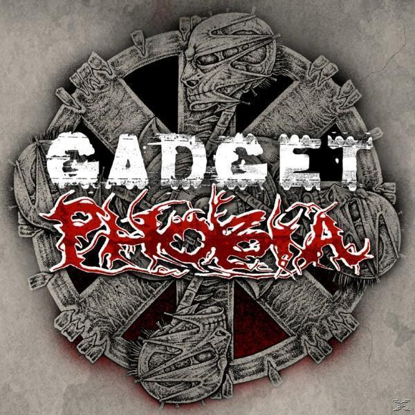 Albumcover: Gadget Phobia, mit schädelähnlichem Gesicht und Zahnrädern. Roter Text.
