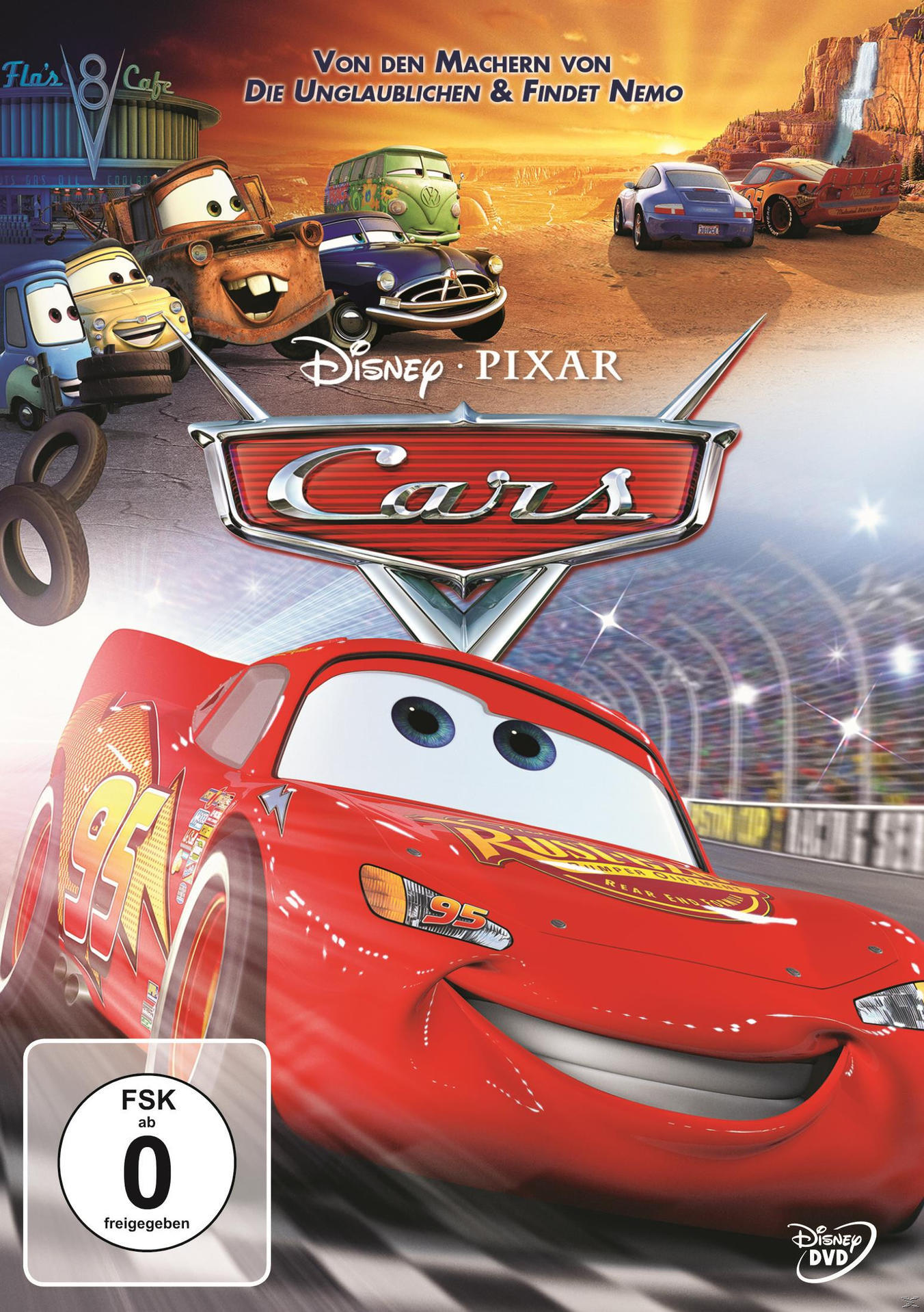 Cars DVD-Cover mit Lightning McQueen und anderen Autos in einer Rennszene.