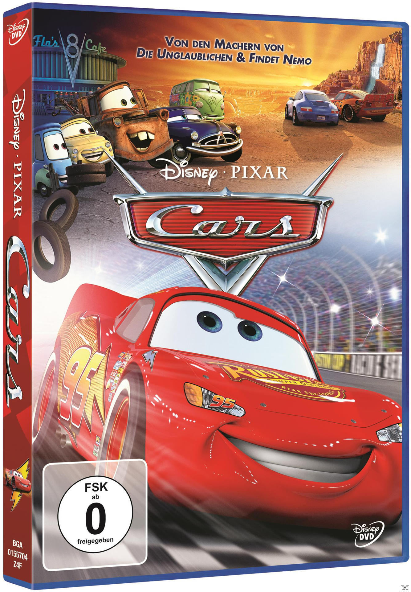 Cars DVD-Hülle, rotes Auto auf dem Cover, Titel 'Cars', Autos im Hintergrund.