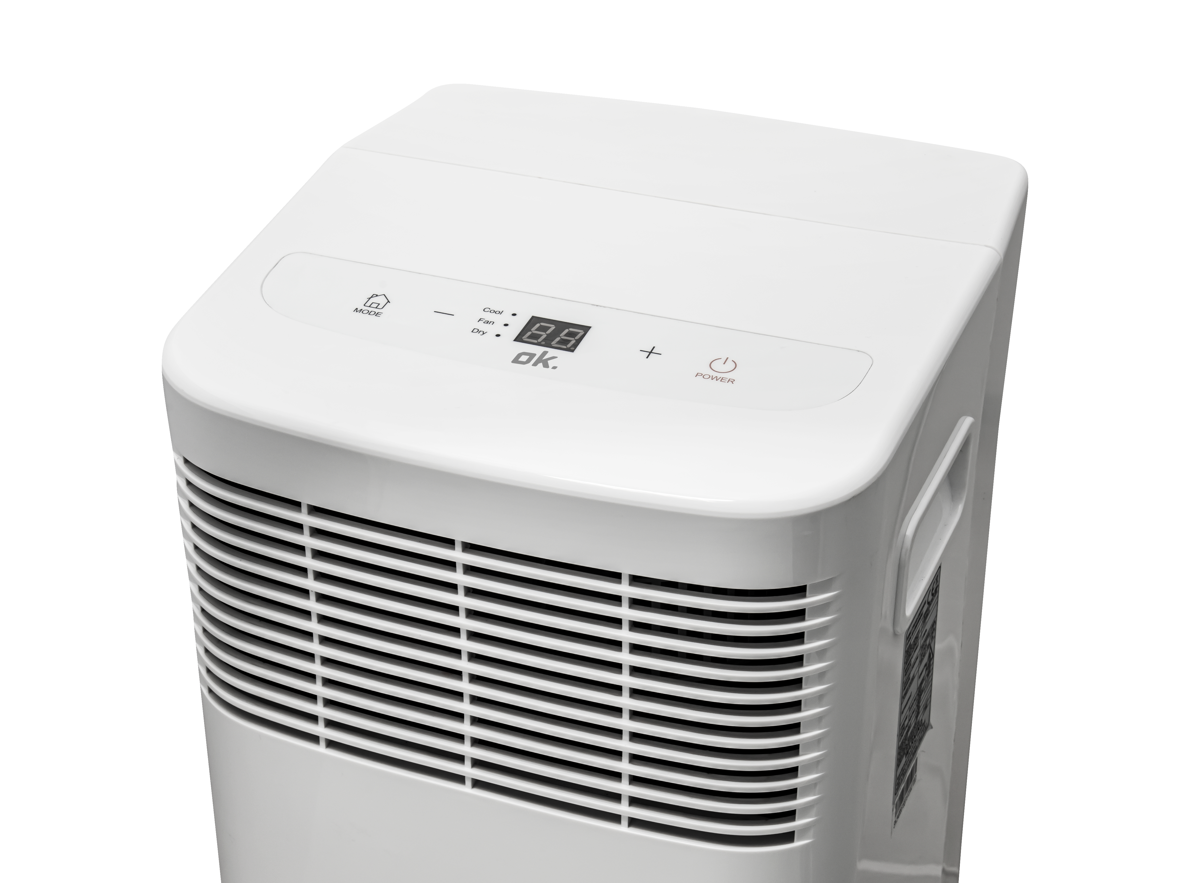Weißer Luftkühler mit Bedienelementen oben. Weißer Hintergrund. Zeigt: Cool, Fan, Dry, Power.