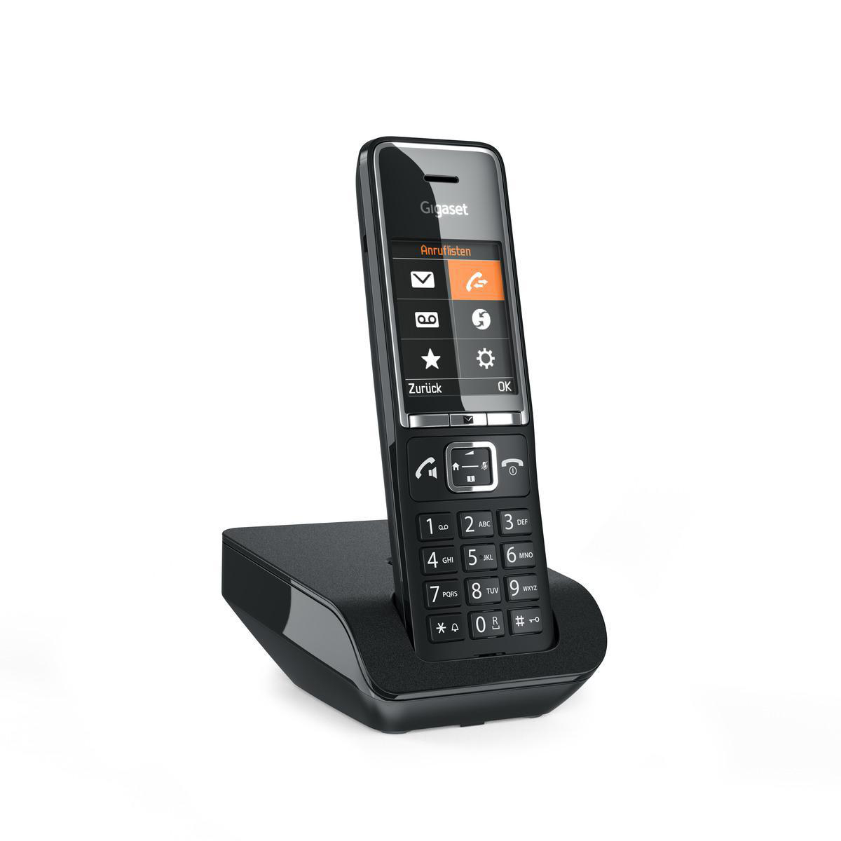 Ein schwarzes Gigaset Schnurlostelefon und seine Basis. Das Telefon hat einen Bildschirm mit Symbolen und Tasten darunter.