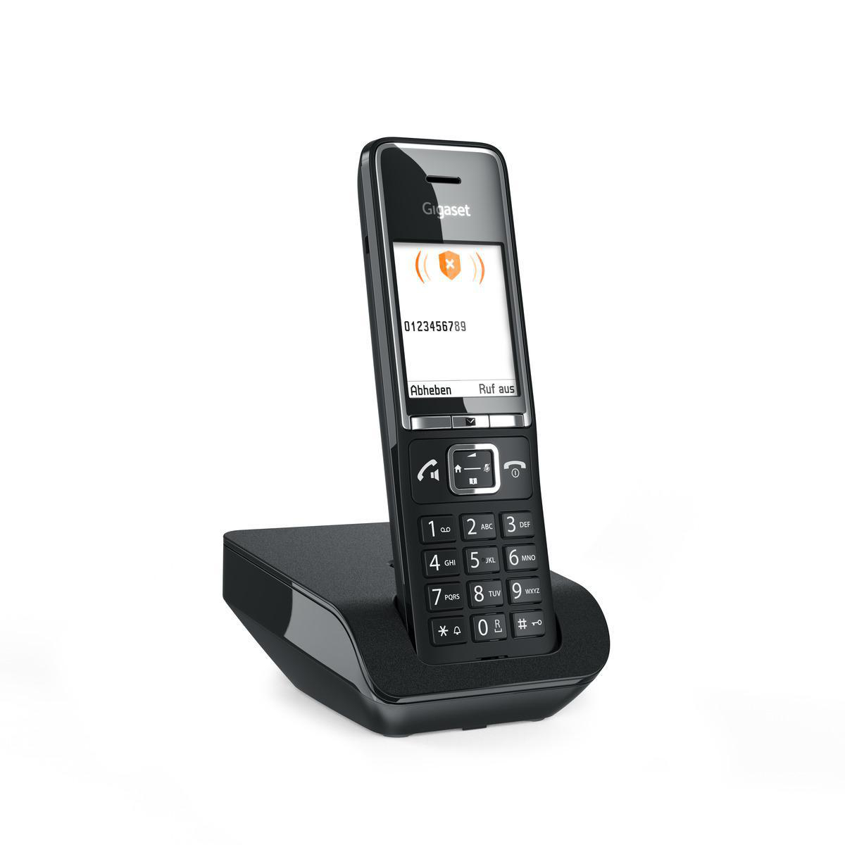 Schwarzes schnurloses Telefon mit Basis, mit beleuchtetem Bildschirm, der eine Nummer anzeigt.