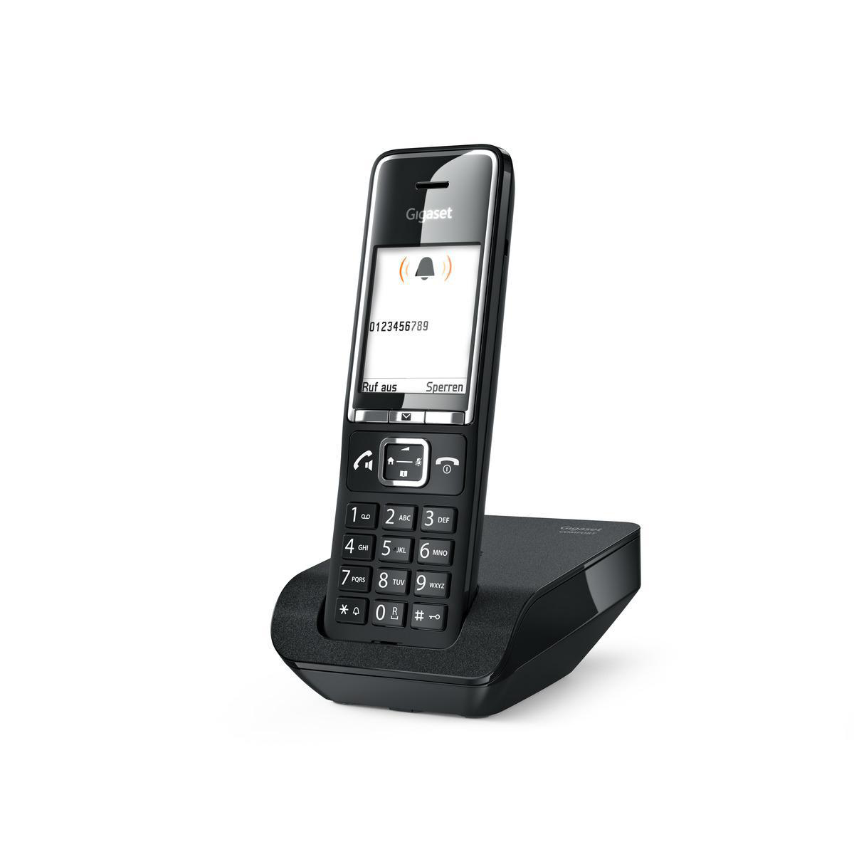 Ein schwarzes Gigaset schnurloses Telefon mit Ladestation, auf weißem Hintergrund.