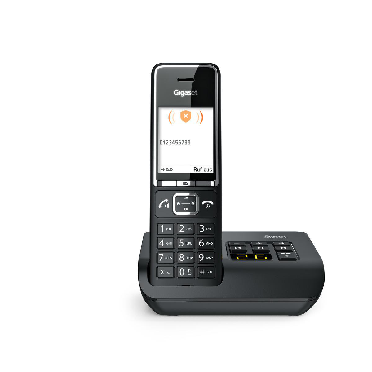 Schwarzes Gigaset schnurloses Telefon und Basis. Zifferntasten und Bildschirm sind sichtbar.