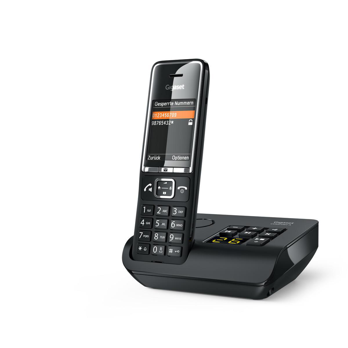 Ein schwarzes Gigaset-Telefon mit schwarzer Basis. Zeigt das Telefon, Tasten und Bildschirm mit einer Nummer.