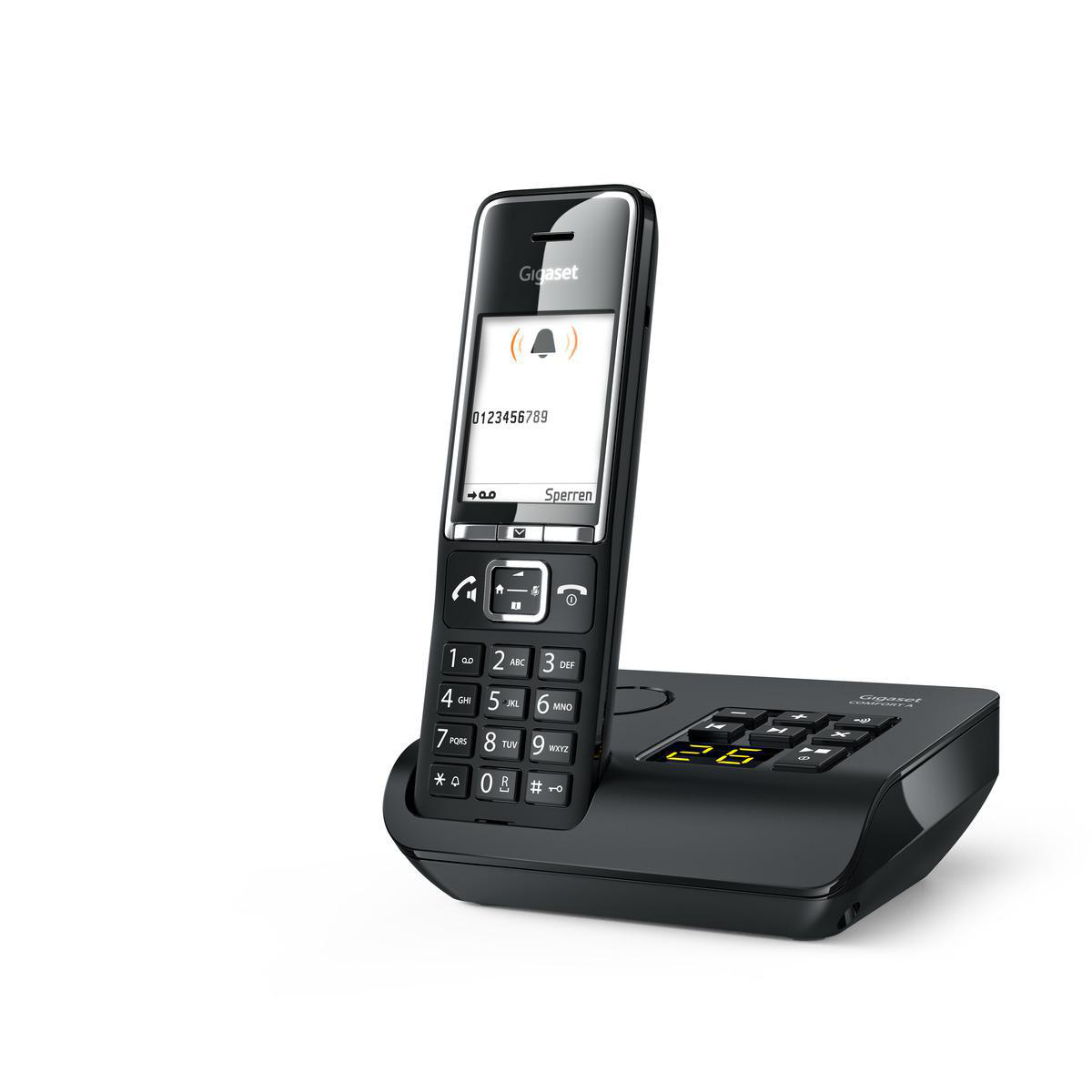 Schwarzes schnurloses Telefon und Basisstation, mit einem Display, das eine Telefonnummer anzeigt.