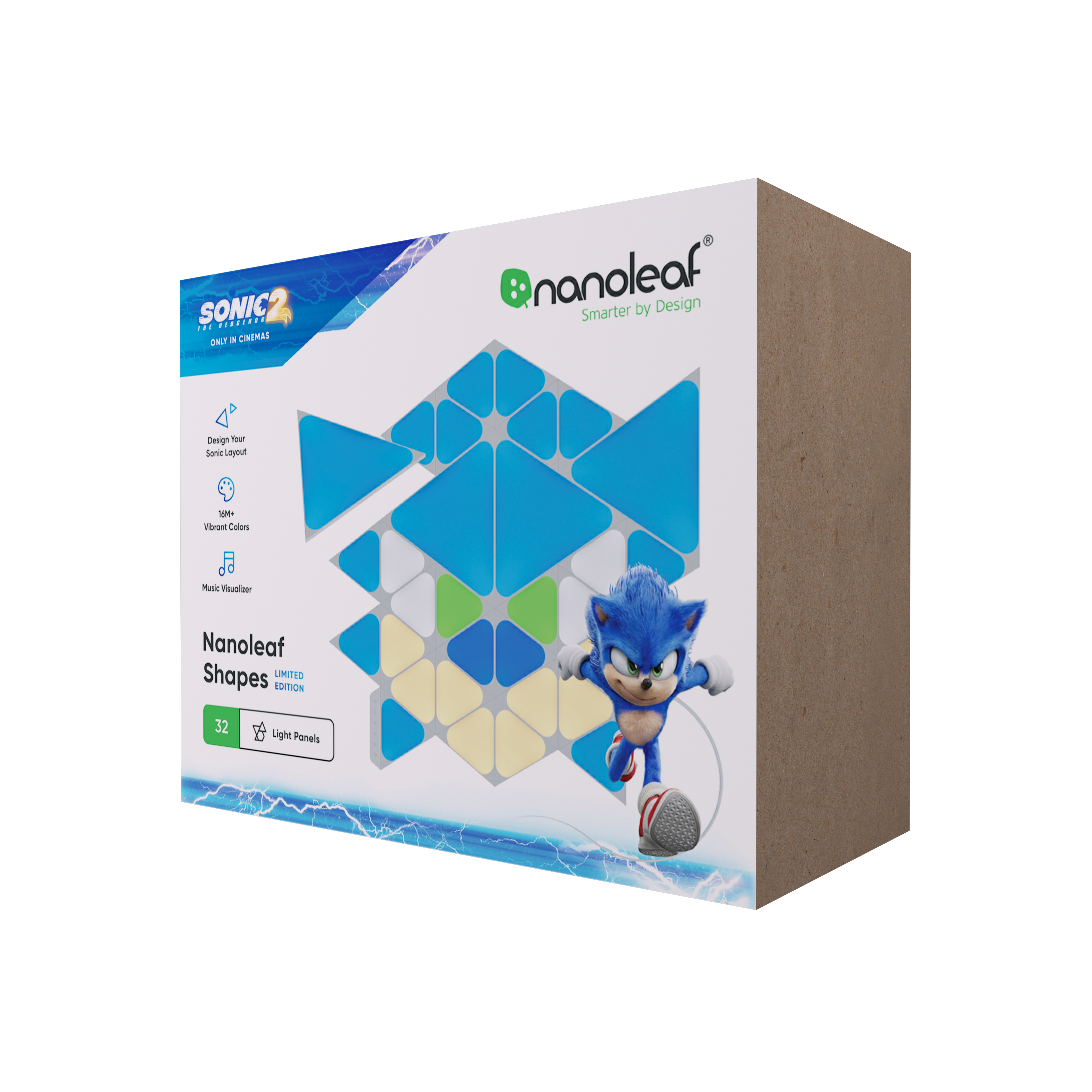 Nanoleaf Shapes Box mit Sonic the Hedgehog. Die Box ist braun. Sonic ist vorne.
