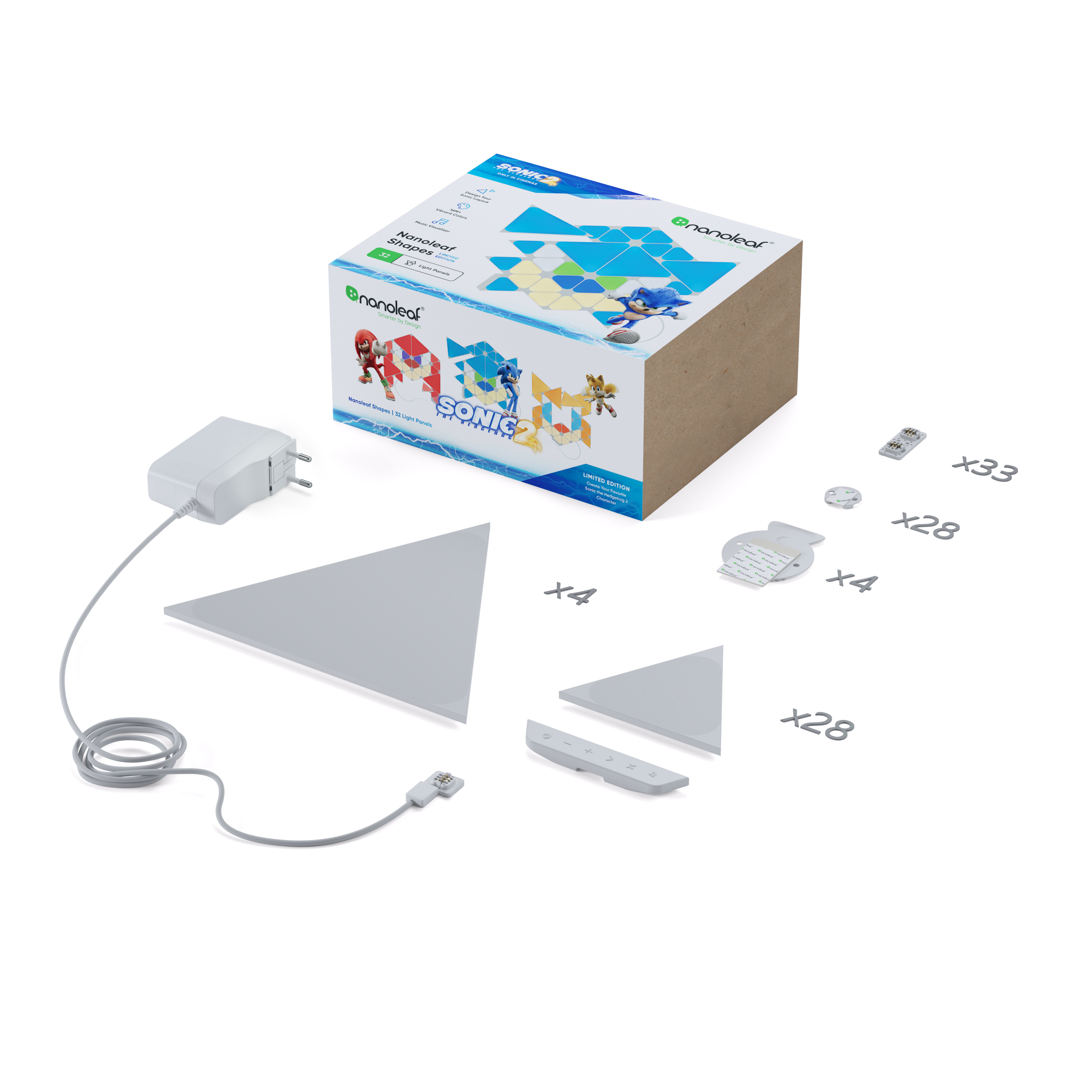 Nanoleaf Beleuchtungs-Kit-Box mit Sonic the Hedgehog-Charakteren. Enthält Lichtpaneele und Zubehör.