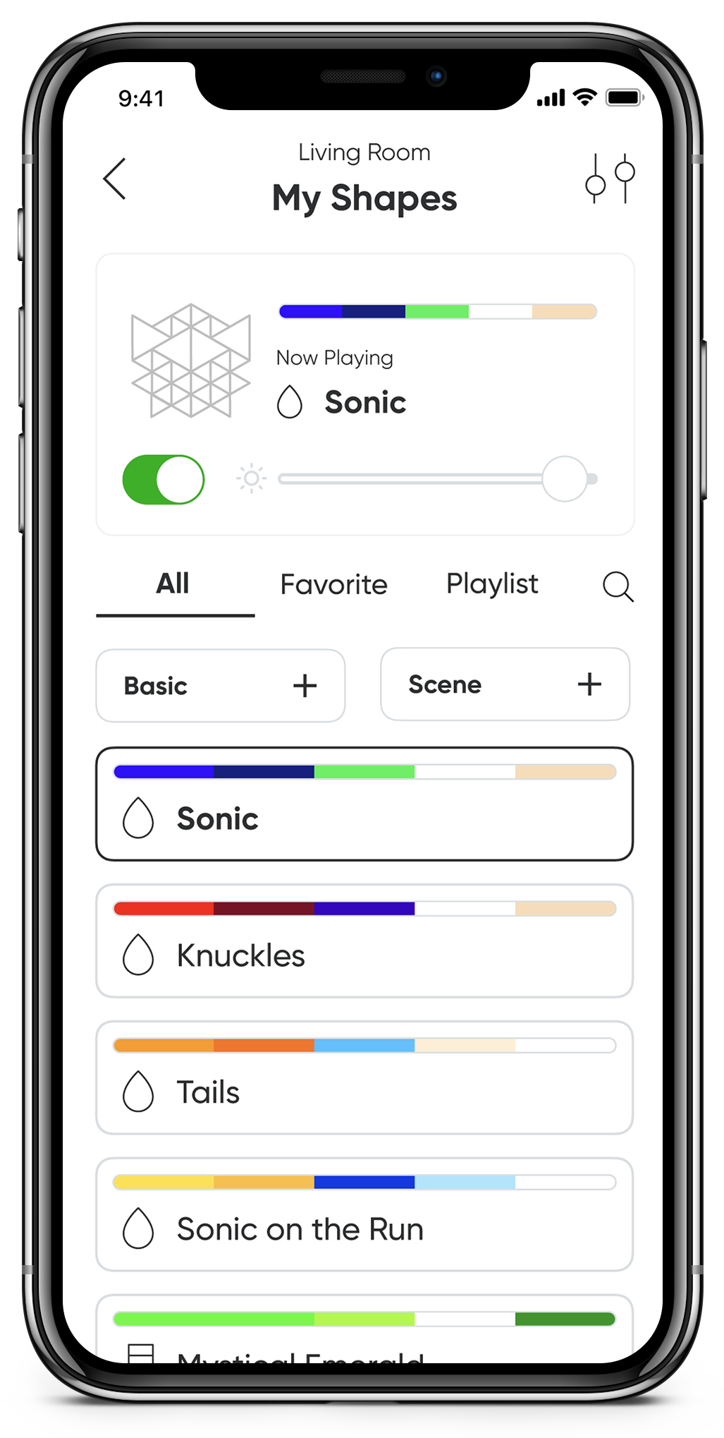 Eine Smartphone-App-Oberfläche mit einer Liste von Musikoptionen und Farbbalken.