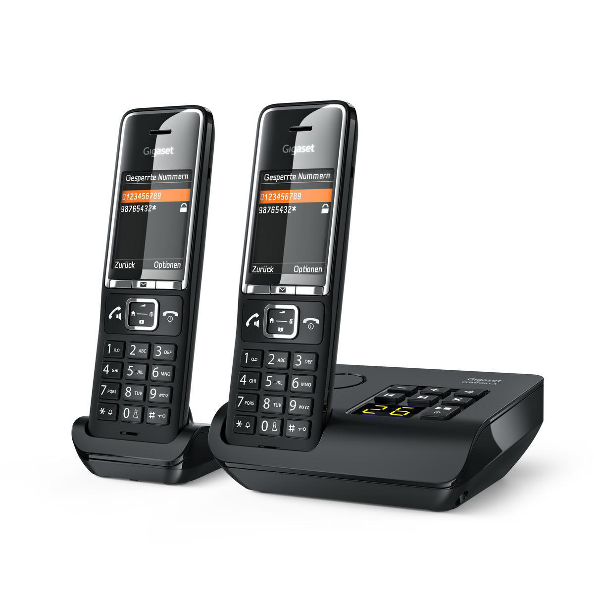 Zwei schwarze schnurlose Telefone auf einer Ladestation. Jedes Telefon hat einen Bildschirm und Tasten.
