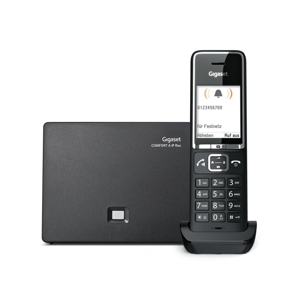 Gigaset Telefon und Basisstation; Telefon zeigt Nummern und Symbole.