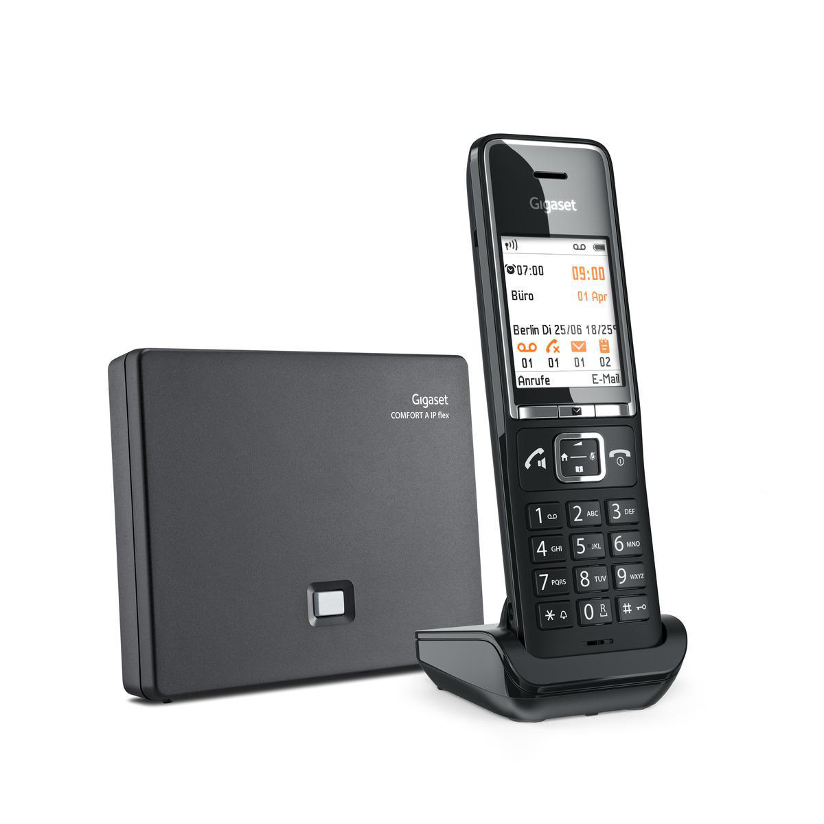 Ein schwarzes Gigaset-Telefon und eine Basisstation auf weißem Hintergrund.