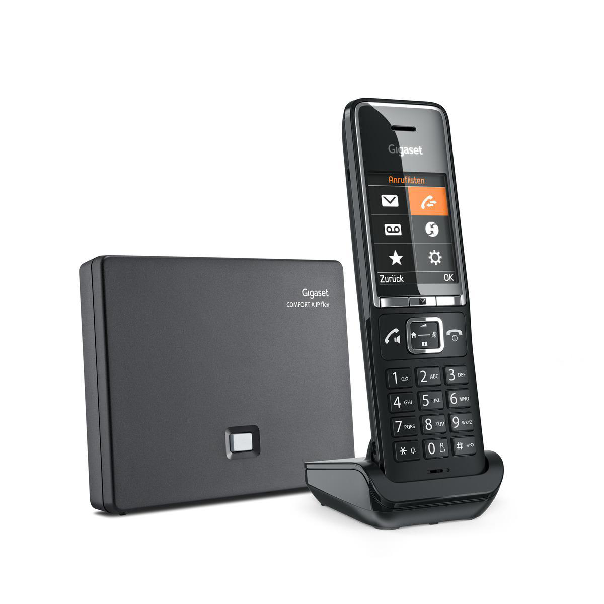 Schwarzes Gigaset schnurloses Telefon mit Basisstation. Telefon hat Knöpfe und Bildschirm. Basisstation ist flach.