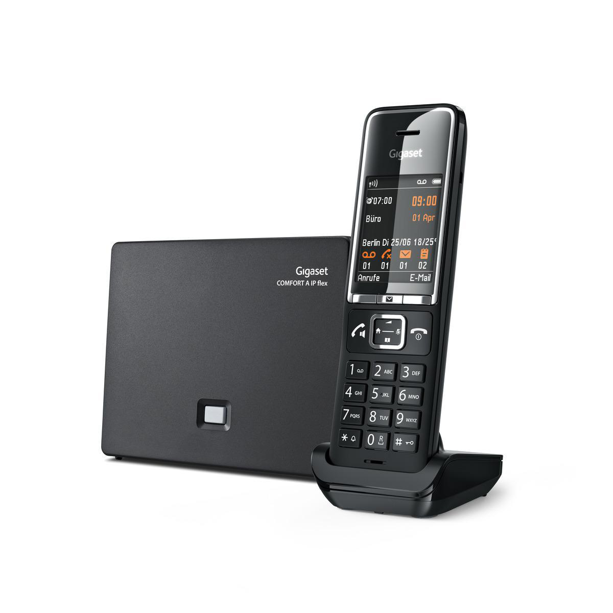 Schwarze Telefonbasis und Telefon. Der Telefonbildschirm zeigt Uhrzeit und Datum an.