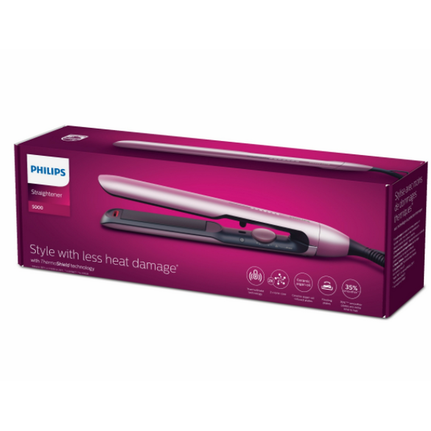 Plancha de pelo Philips rosa en una caja morada con características del producto.