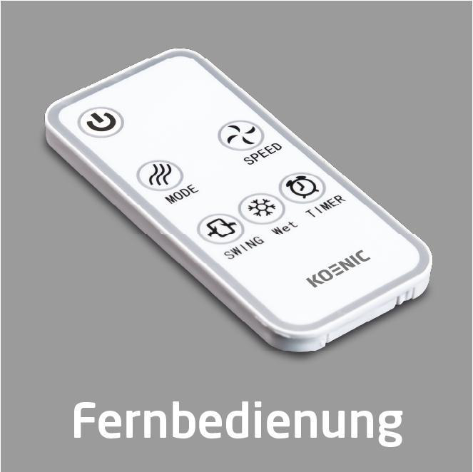 Eine weiße Fernbedienung mit Tasten für Strom, Modus, Geschwindigkeit, Schwenken, Timer und Markenname.