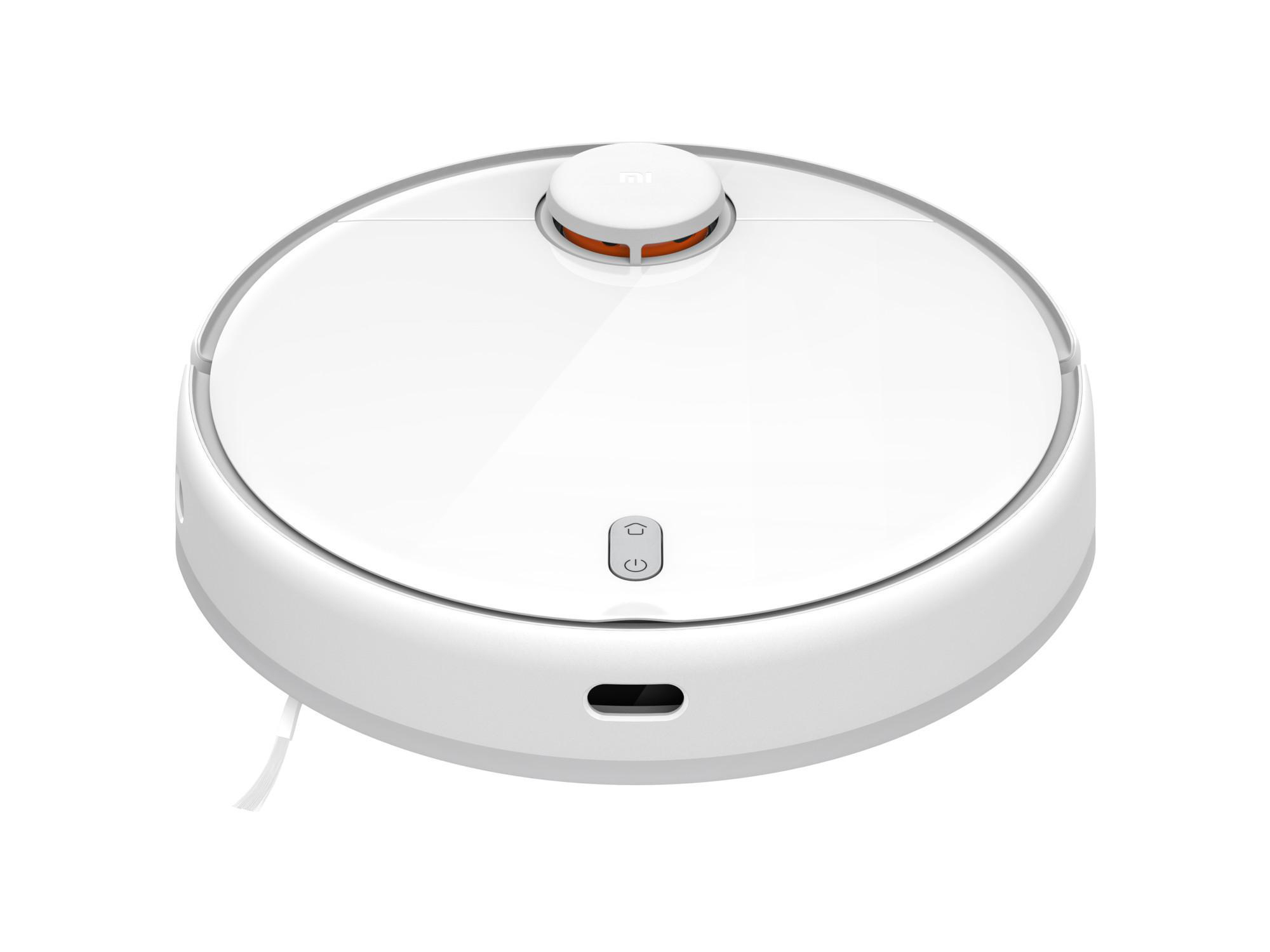 Weißer Roboter-Staubsauger. Rund, mit Knopf und kleinem Ladeanschluss.