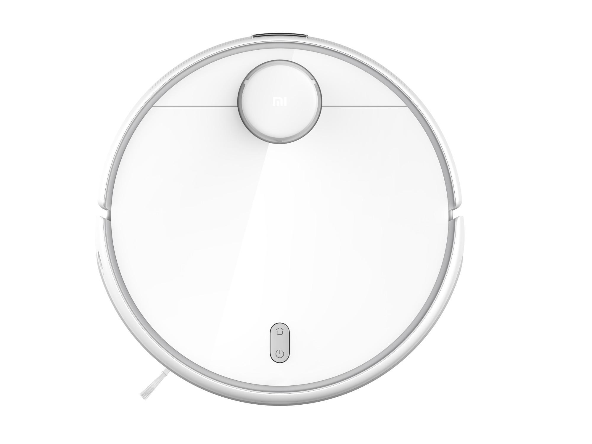 Weißer runder Roboter-Staubsauger. Mit Ein- / Aus-Taste und Bürste.