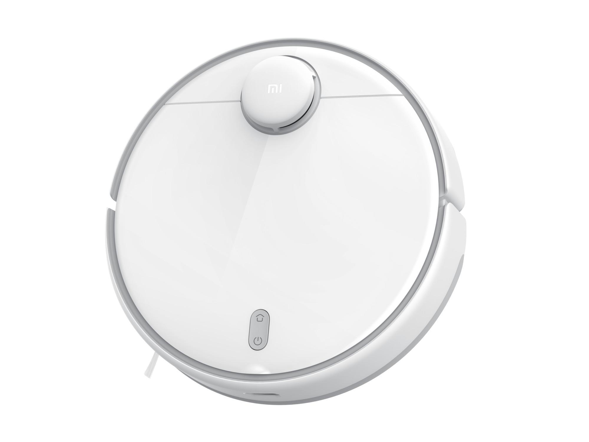 Weißer Roboter-Staubsauger, Draufsicht, rundes Design mit einem Knopf und Sensor.