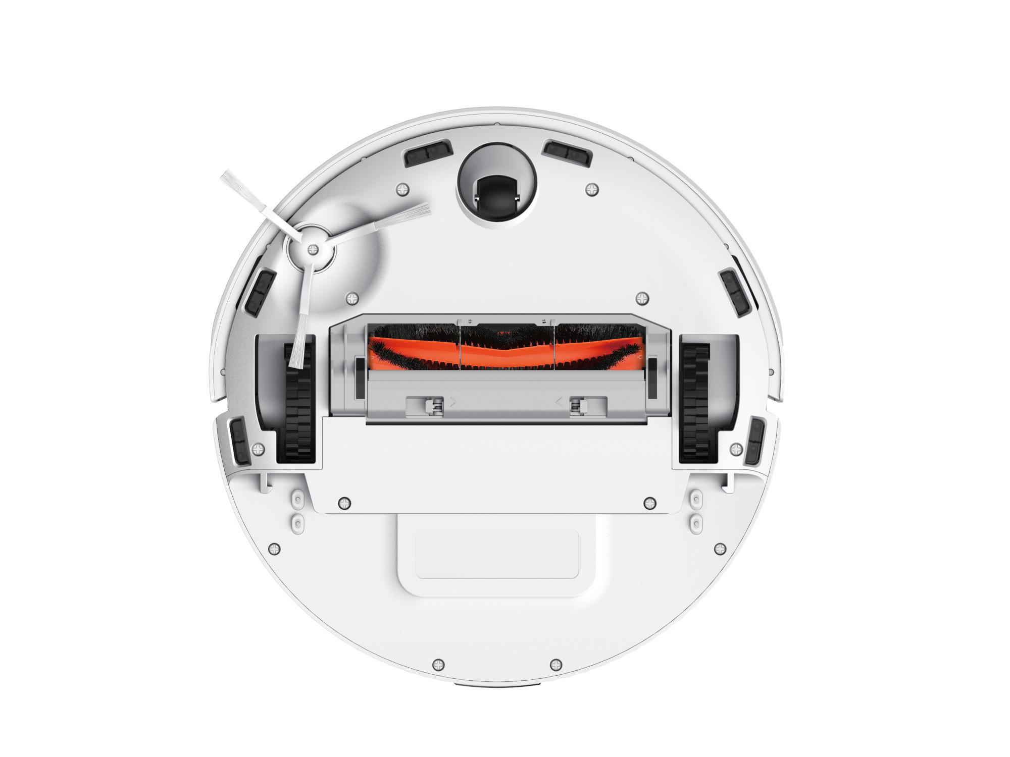 Weißer Roboter-Staubsauger, Unterseite, mit Bürsten und Rädern.