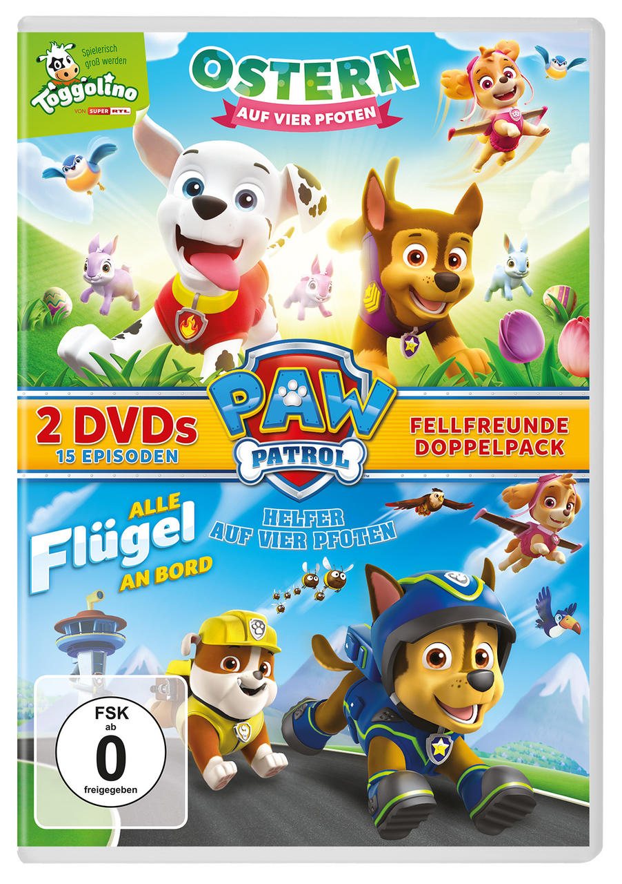 Ein Paw Patrol DVD-Cover mit Zeichentrickhunden und den Worten 'Ostern auf vier Pfoten' und '2 DVDs'.