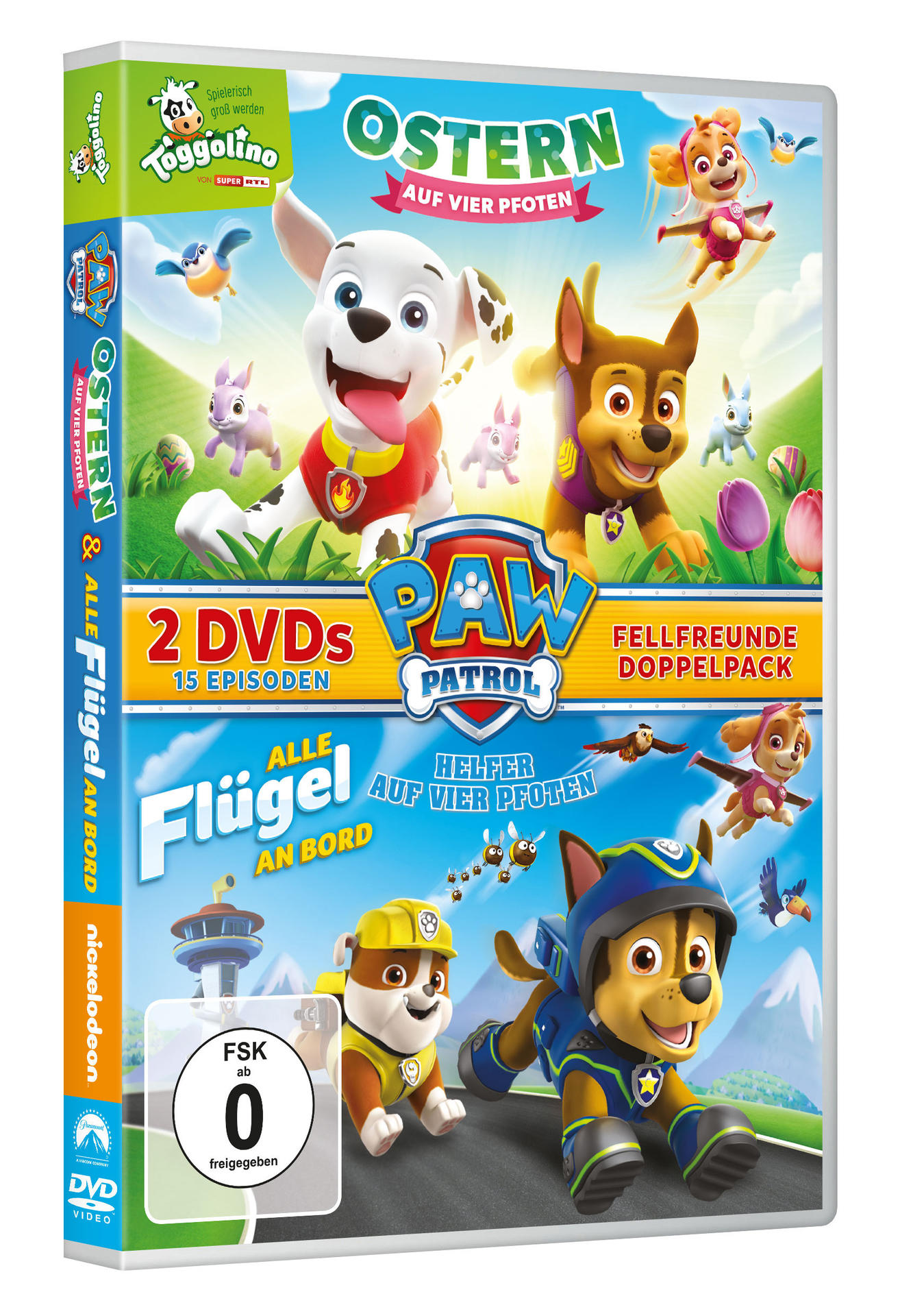 DVD-Hülle für Paw Patrols Ostern und Alle Flügel an Bord. Mehrere Zeichentrickhunde auf dem Cover.
