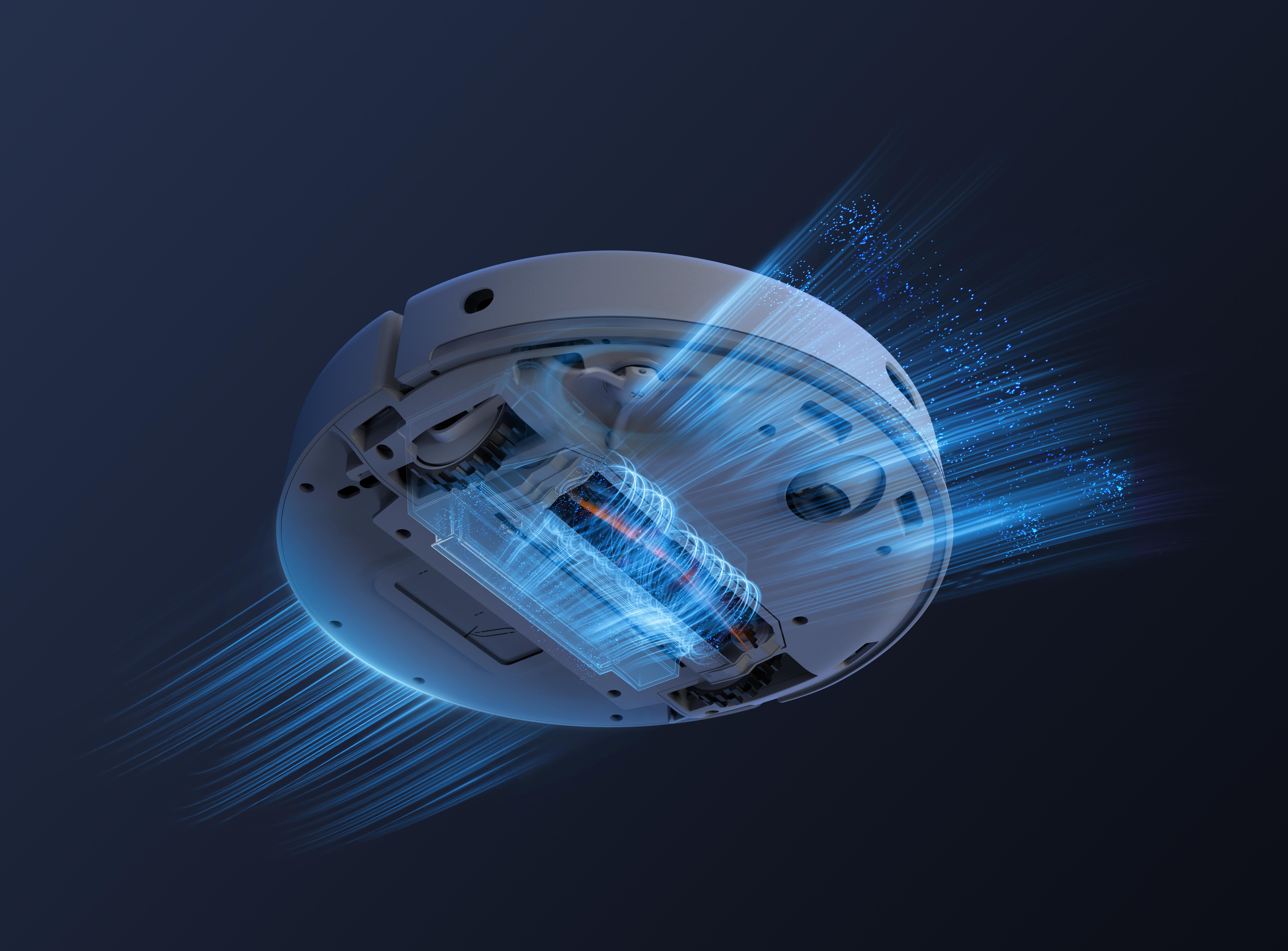 Roboter-Staubsauger von unten mit blauen Lichteffekten.