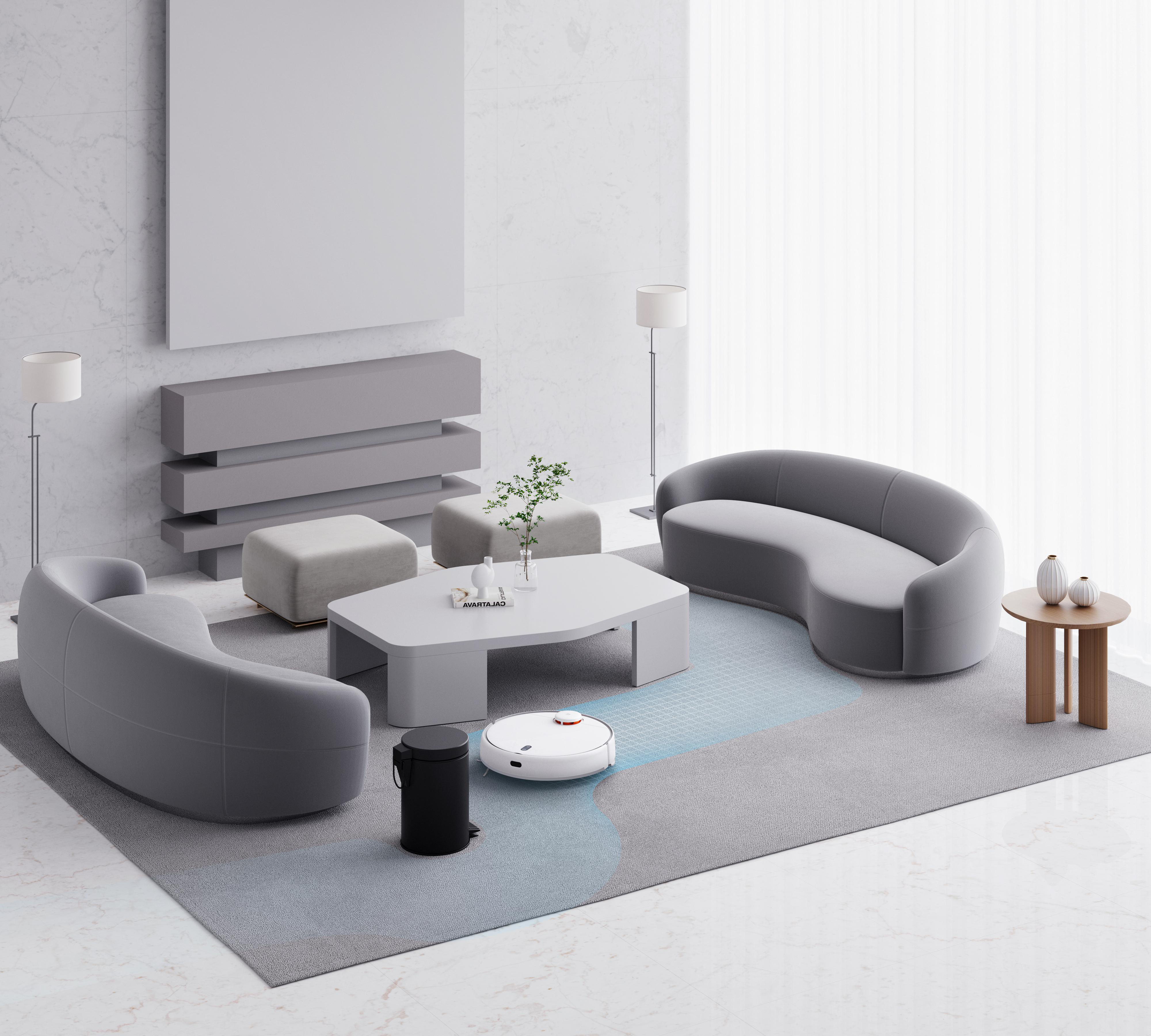 Wohnzimmer mit modernen Möbeln, Roboterstaubsauger und Teppich.