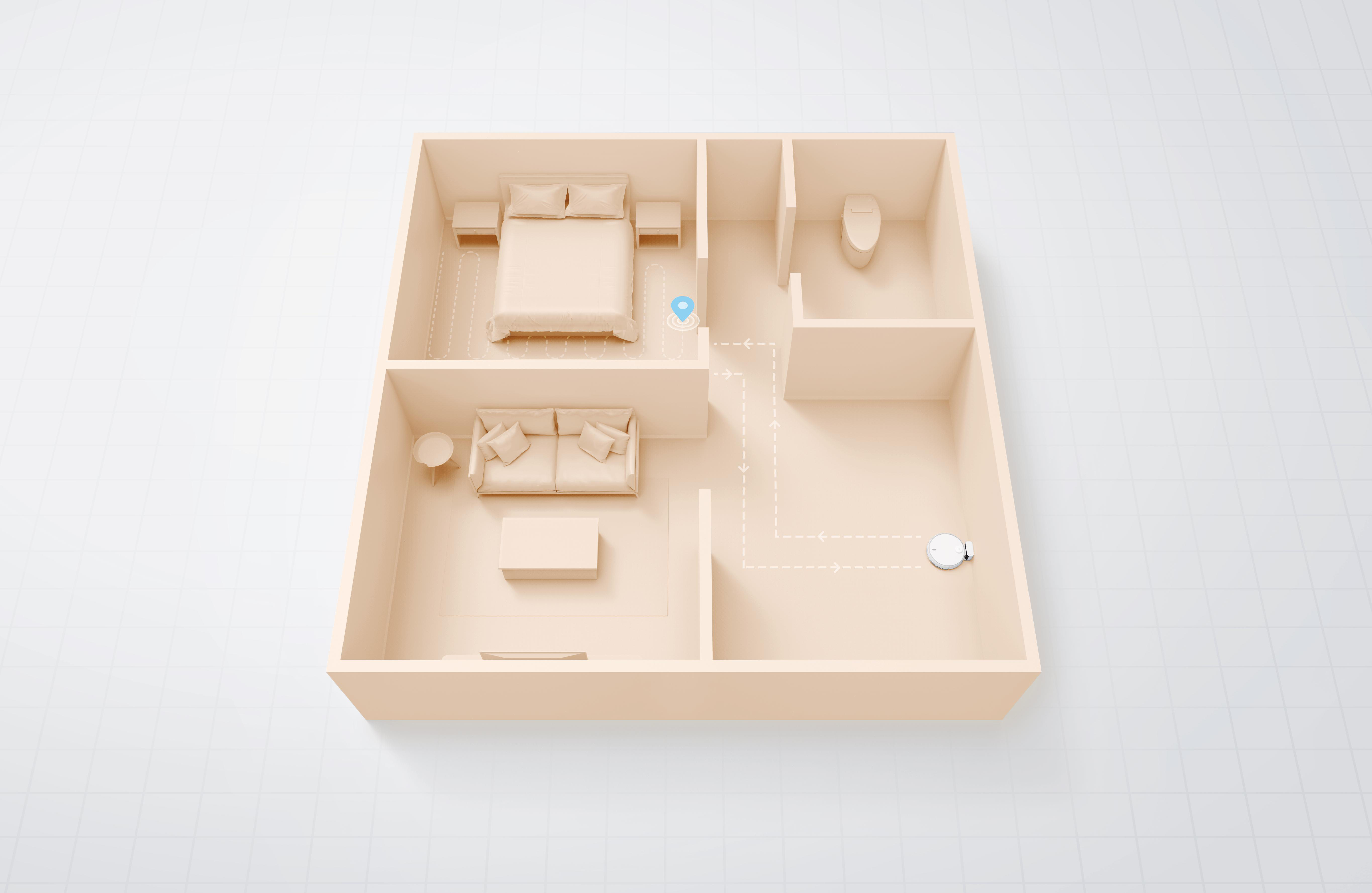 Grundriss einer beigen Wohnung mit einem Roboter-Staubsauger und Möbeln.