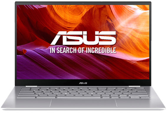 Ordenador portátil plateado con el logotipo de ASUS en la pantalla, abierto sobre un fondo negro.