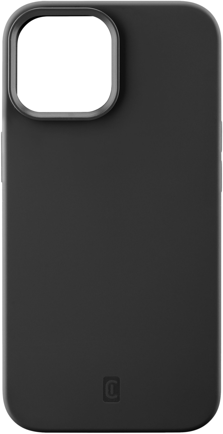 Coque de téléphone noire avec une découpe pour l'appareil photo et un logo discret dans le coin inférieur.