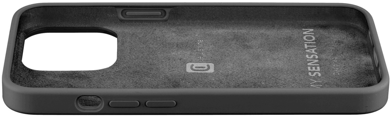 Intérieur d'étui de téléphone noir avec boutons et détails de marque.