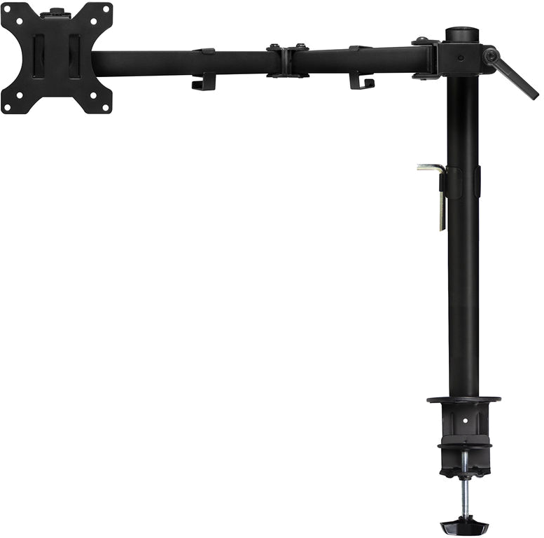 Een zwarte monitorarm voor het monteren van een monitor. Geïsoleerd op zwarte achtergrond.