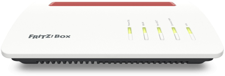 Routeur blanc et rouge avec voyants d'alimentation, WLAN et internet verts.