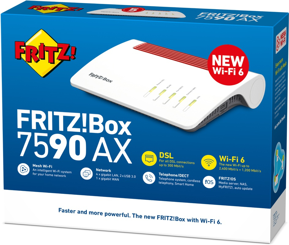 Une boîte pour le routeur FRITZ!Box 7590 AX, avec les détails du produit et les informations Wi-Fi 6.