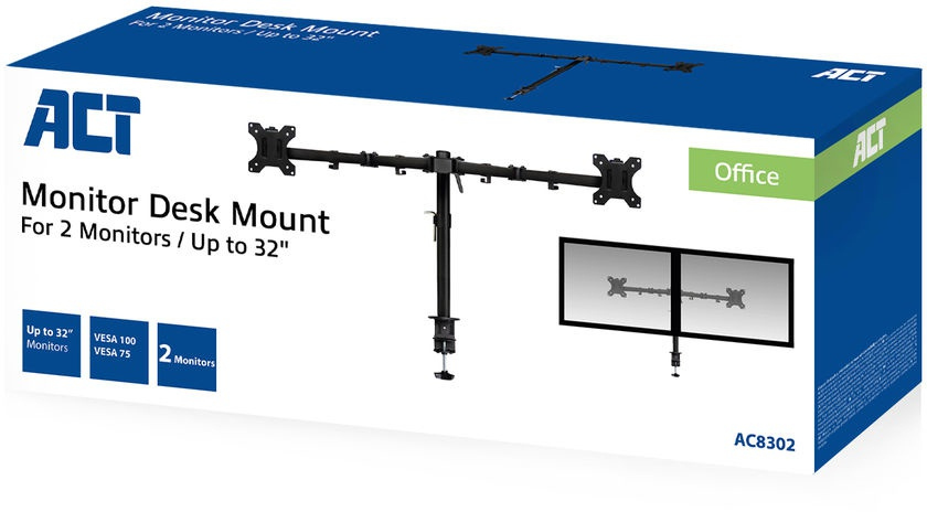 Boîte avec un support de bureau pour moniteur. A le nom du produit et montre deux moniteurs.