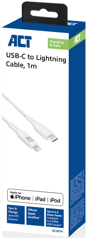 Câble USB-C vers Lightning blanc dans une boîte avec marque et texte.