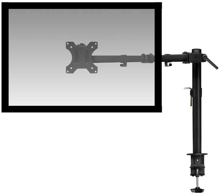 Een zwarte monitor op een zwarte standaard. De standaard is verbonden met een tafel.