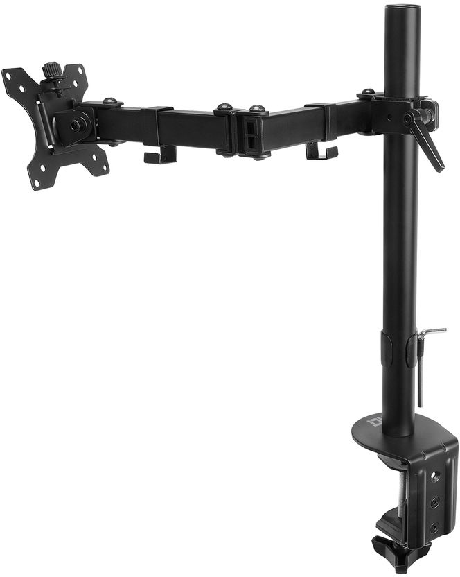 Zwarte monitorstandaard. Beschikt over een verstelbare arm en een klem om het te bevestigen.