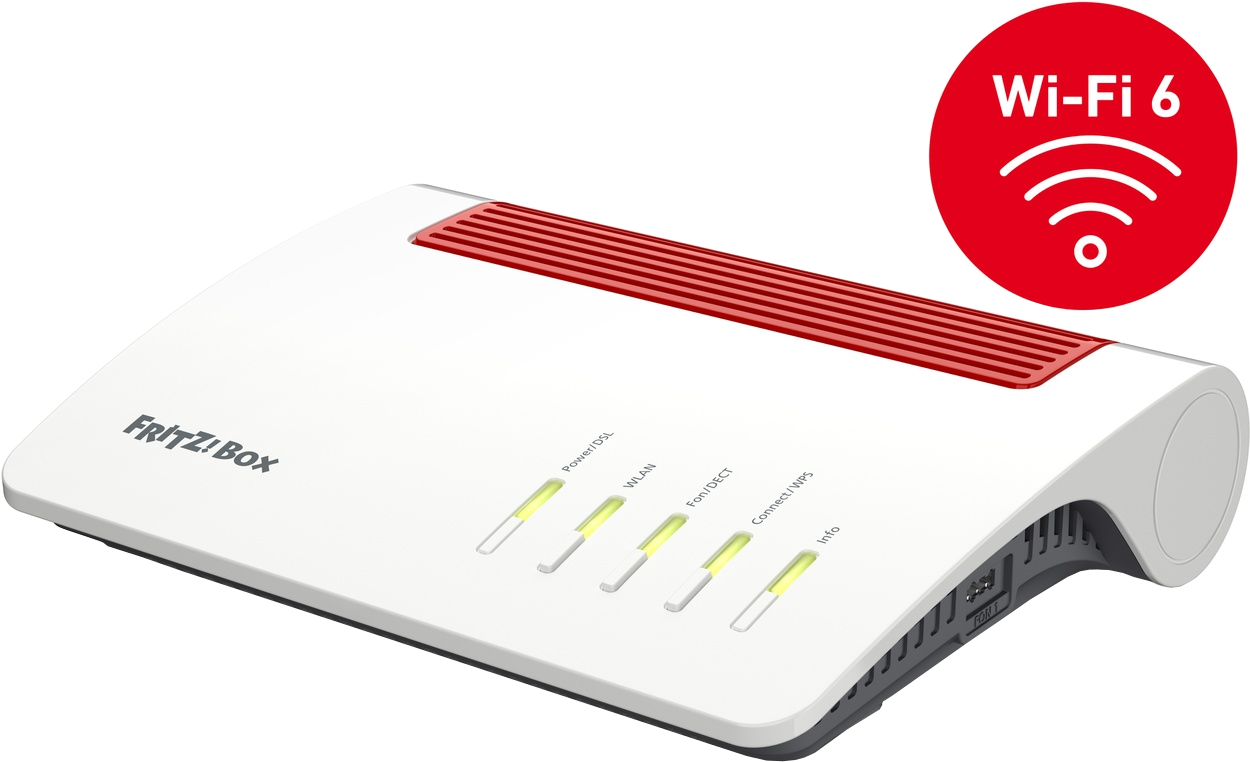 Un routeur blanc avec des accents rouges et un logo Wi-Fi 6.