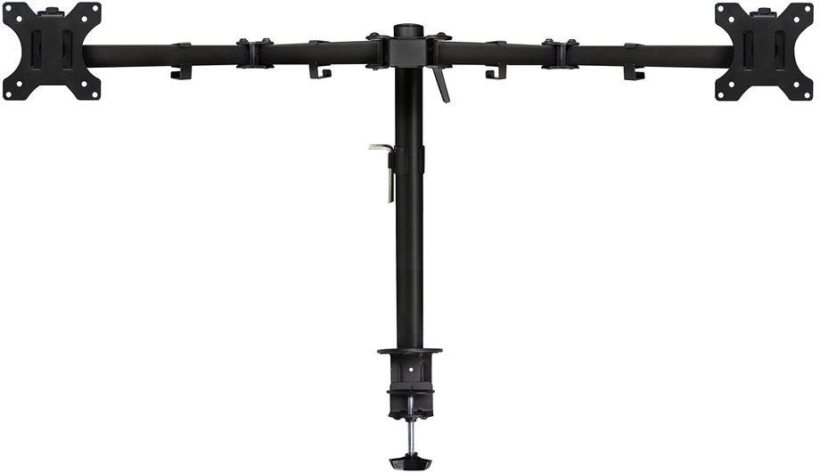 Een zwarte monitorbevestiging met twee armen. Elke arm heeft twee montageplaten.