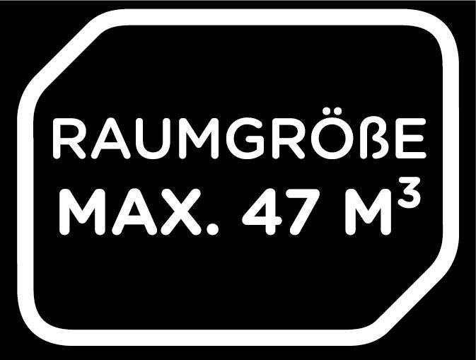 Schwarz-weiße Grafik mit Text: 'RAUMGRÖBE MAX. 47 M³' innerhalb eines abgerundeten Rechtecks.