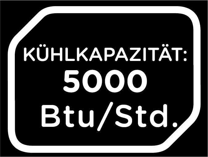 Schwarz-weiß-Etikett mit der Aufschrift "KÜHLKAPAZITÄT: 5000 Btu/Std." in weißem Rand.