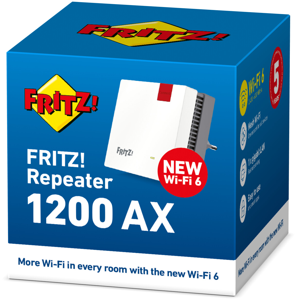 Une boîte blanche et bleue avec un répéteur wifi. La boîte indique 'FRITZ! Repeater 1200 AX'.