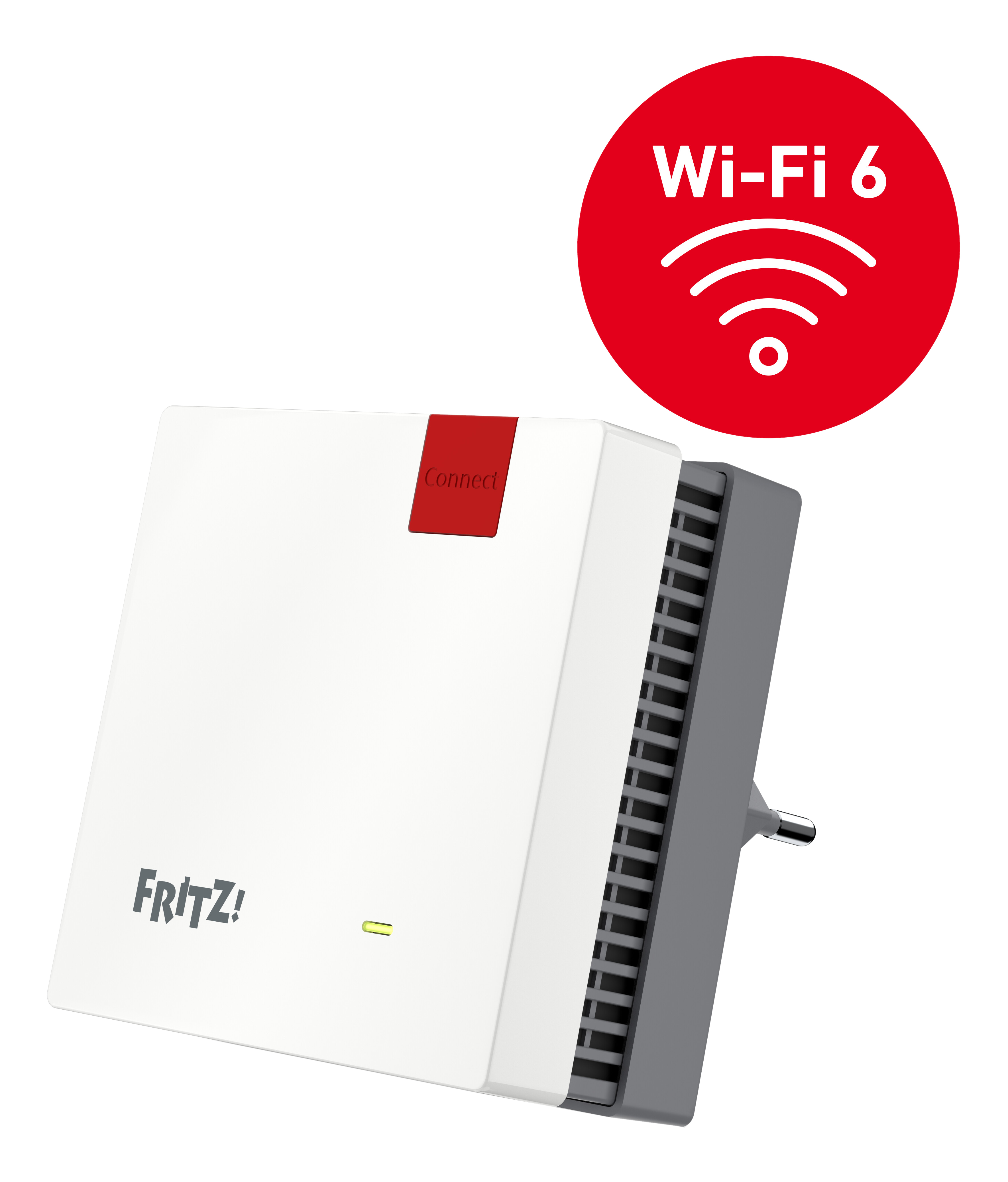 Routeur Wi-Fi blanc et gris avec un logo Wi-Fi 6 rouge. L'appareil a une étiquette Connect.