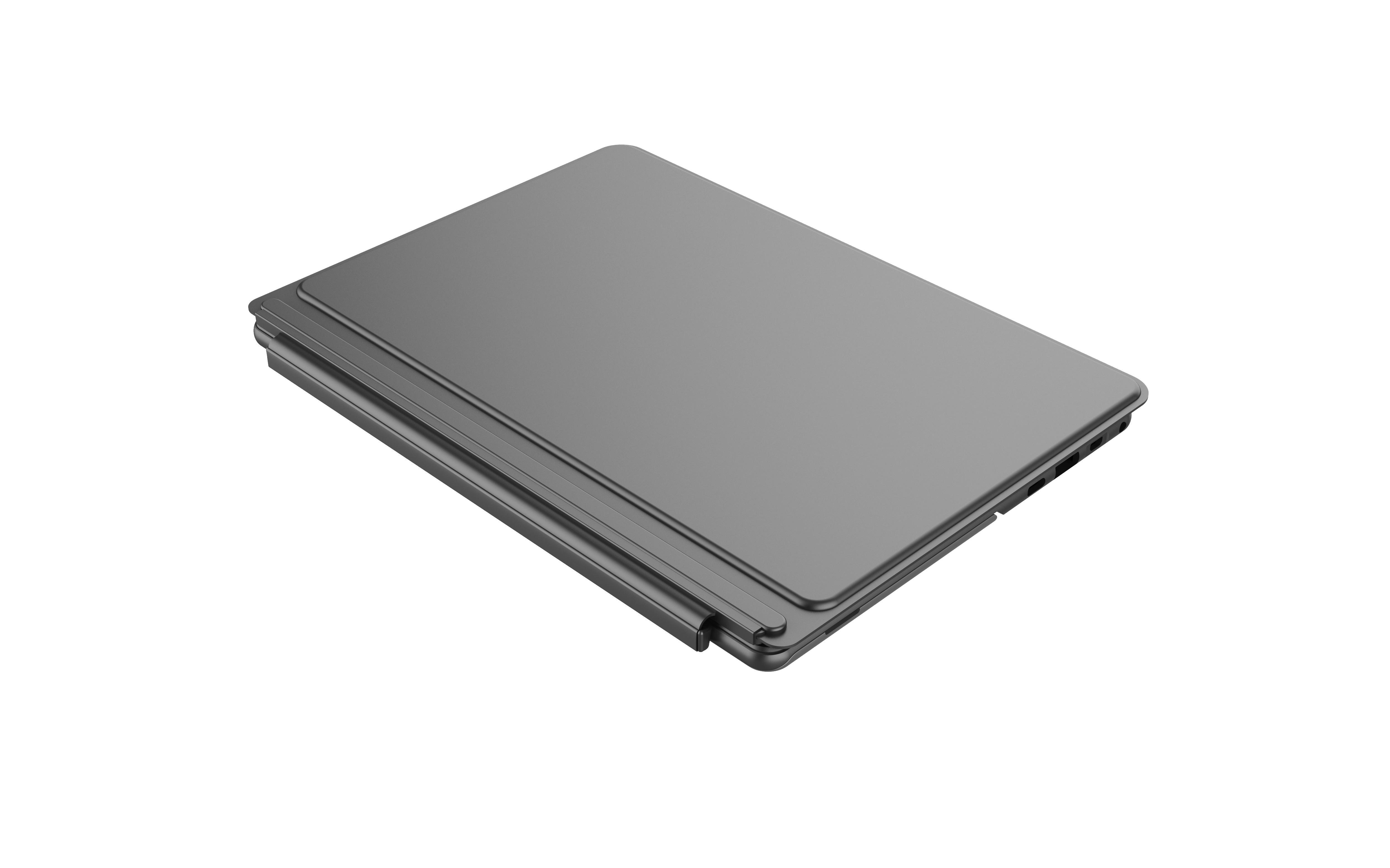Eine geschlossene, graue Tablet-Tastatur auf weißer Oberfläche.