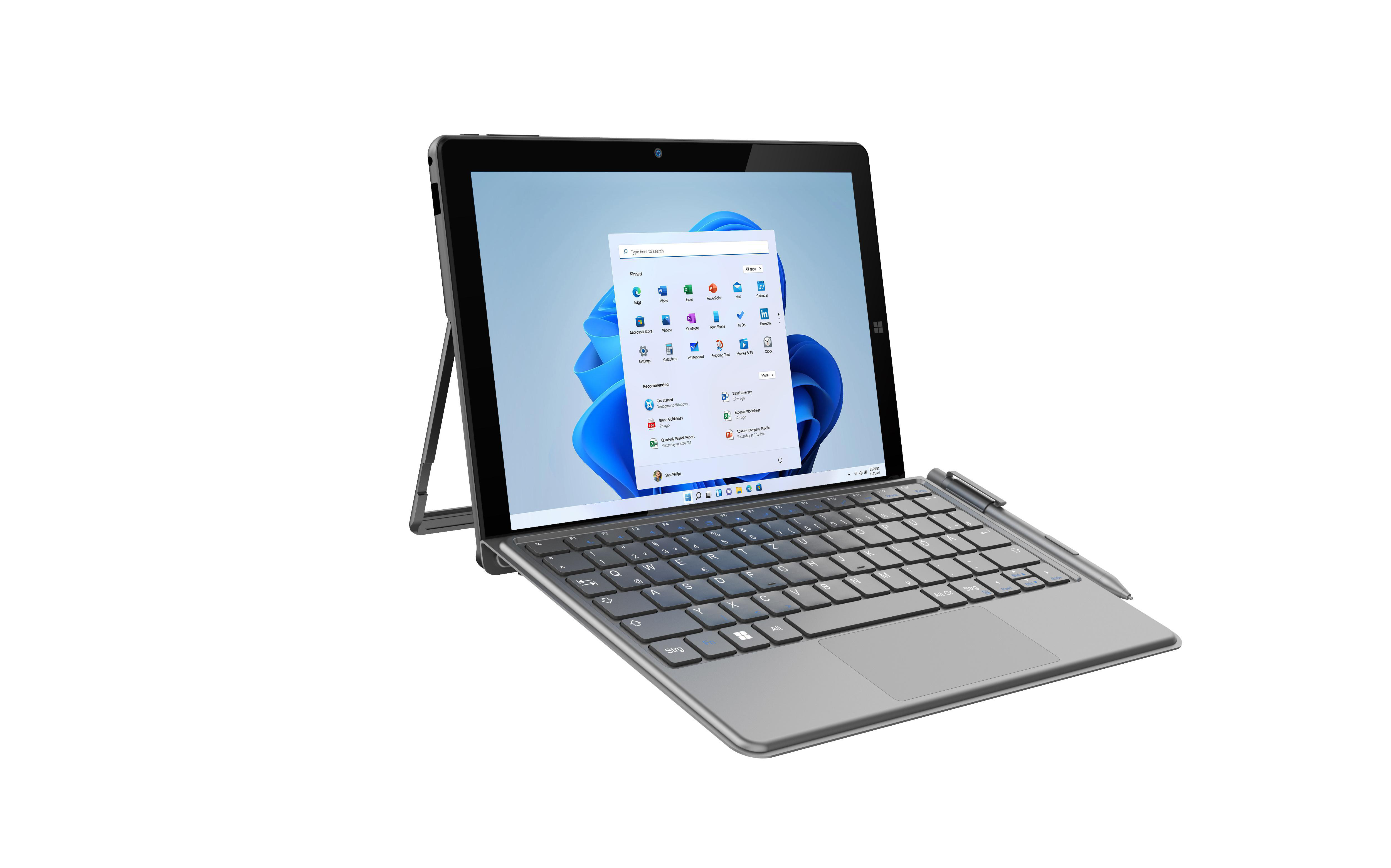Ein silberner Laptop ist geöffnet und zeigt eine Windows 11 Oberfläche.